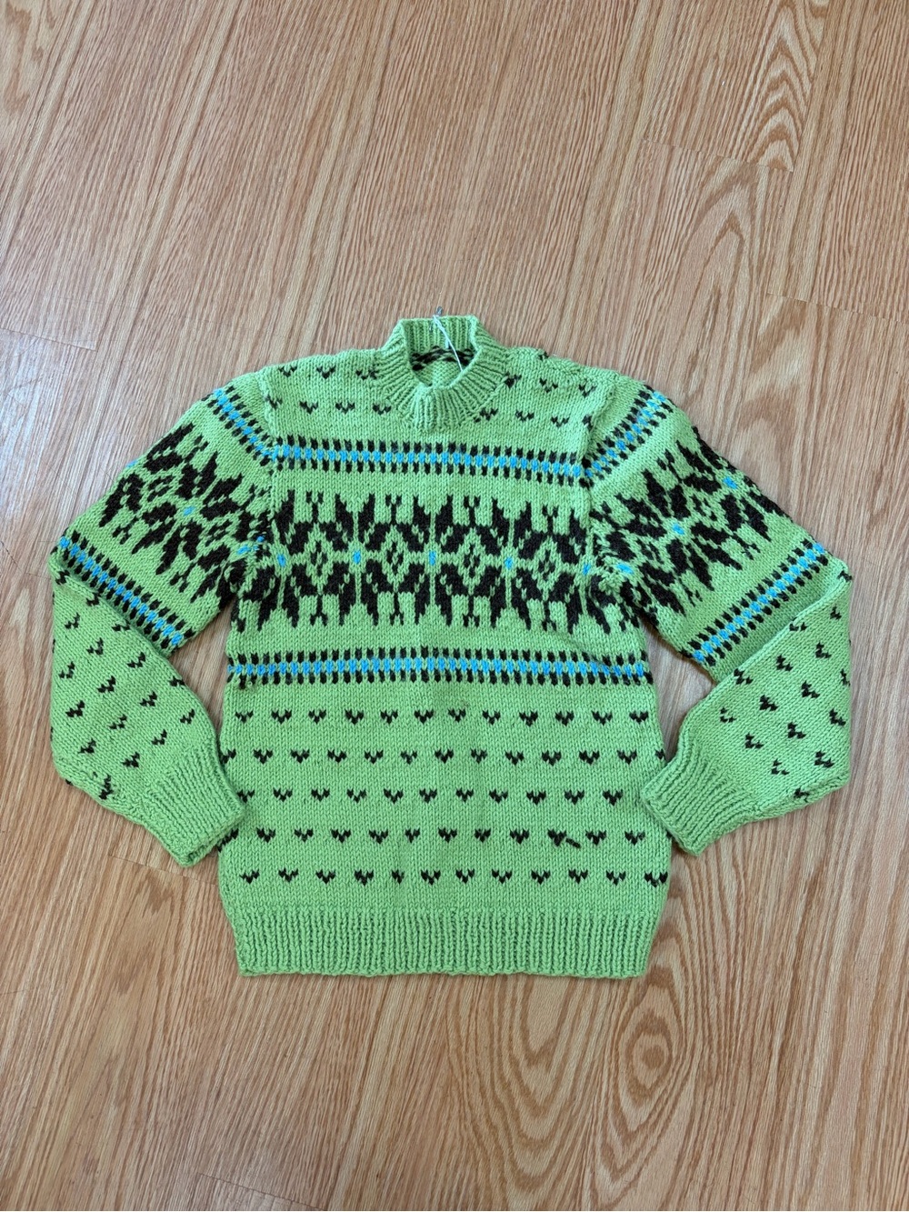 Vintage Green & Brown Patterned Fair Isle Handmade Knit Sweater